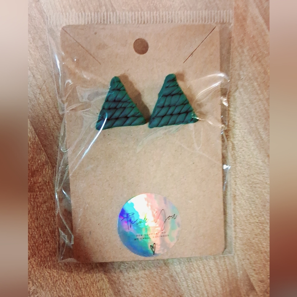 Green Textured Triangle Earrings